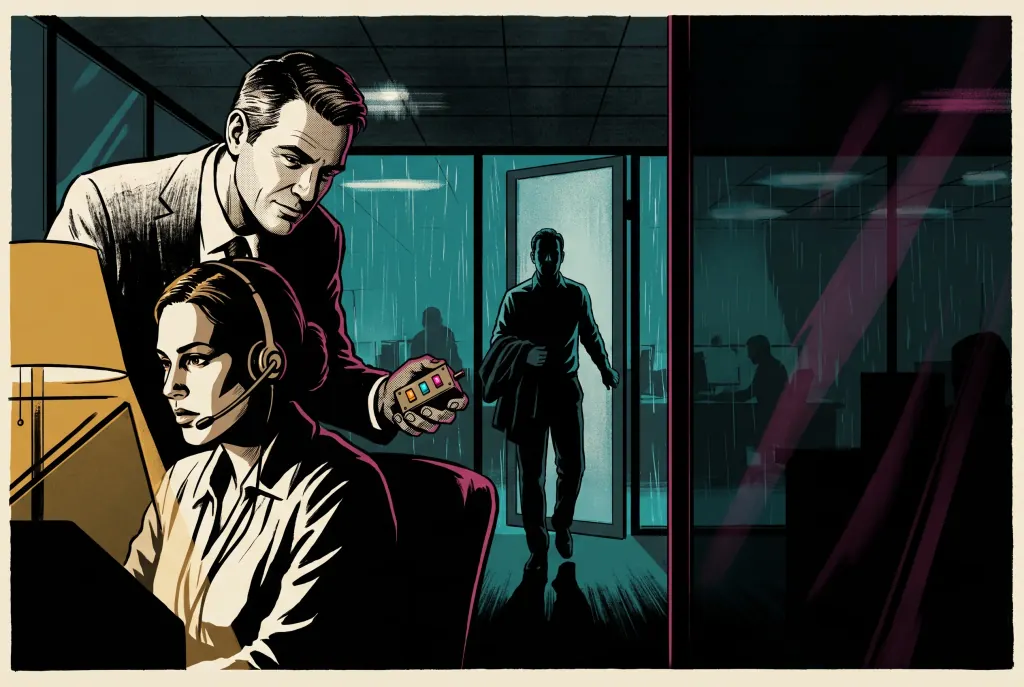 Hand-inked campaign illustration of a supervisor leaning over a seated agent who is on a live call, coaching through a private channel using a small three-lamp control switch, while a closer pushes open the glass door and steps in to take the call over.