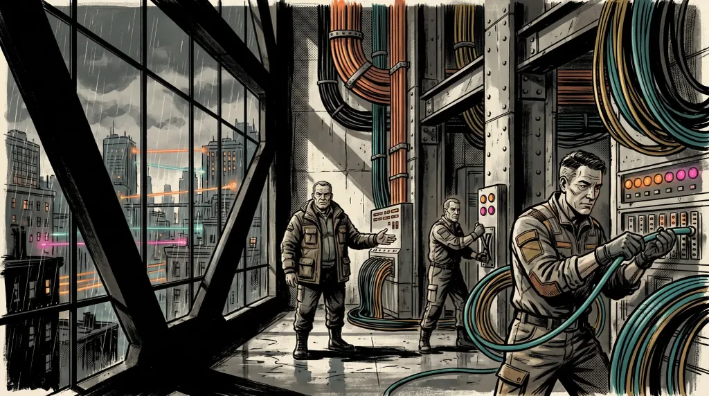 Hand-inked campaign illustration of a physical signal exchange: one telecom engineer patches a teal fibre run into an unlabelled bay, a second coordinates with an open hand, and a third checks a mechanical failover lever, with copper and fibre spines curving overhead and a rain-dark city beyond a tall window.